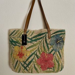 INC STRAW TOTE TROPICAL PATTERN